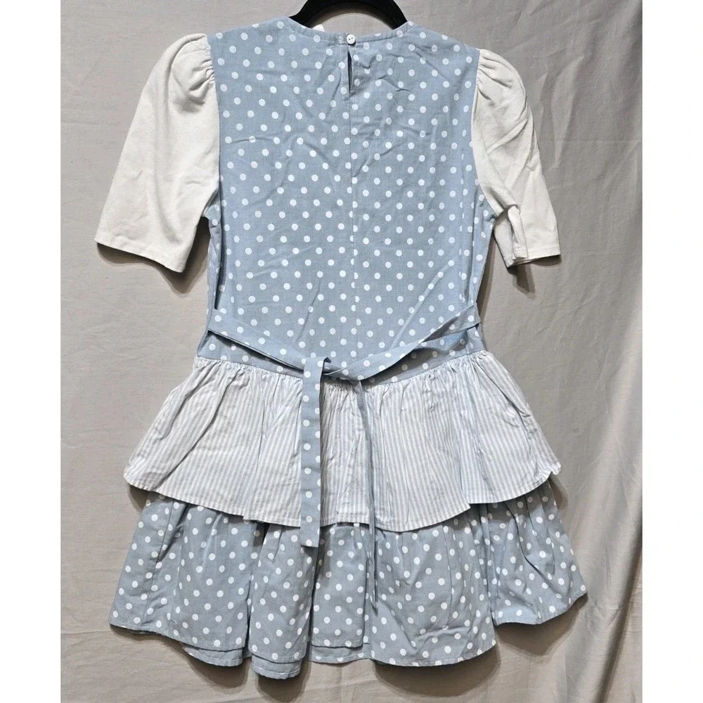 Vintage Girls Dress 14‎ Blue London Girl Dots Striped Ruffles